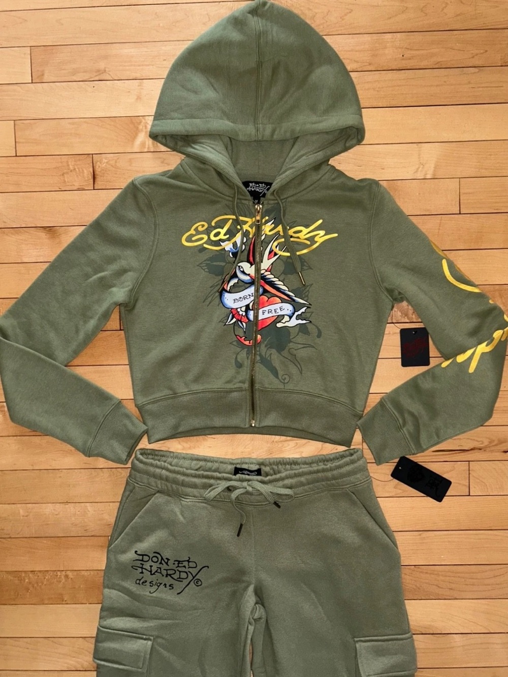 NEW! ED HARDY Y2K Tattoo Logo Hoodie & Pant Tracksuit Set Light Olive Size M